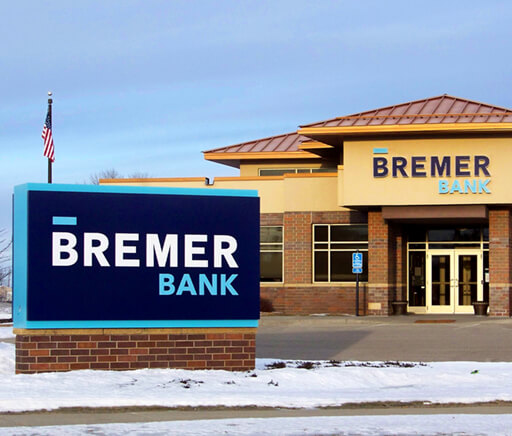 Bremer Bank In Owatonna MN Exterior Signage after Brand Conversion Monument and Channel Letters