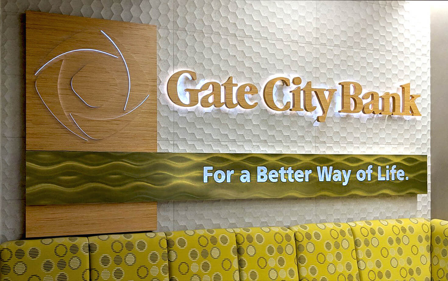 Gate City Bank Interior Wall Sign in FargoDome Custom Material finished and textured background