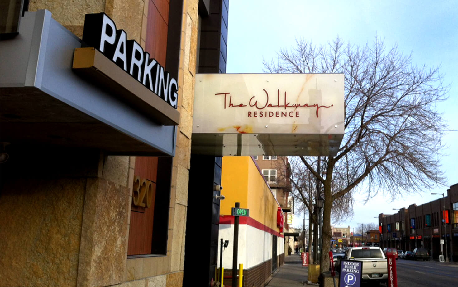 The Walkway Residence Entrance of Illuminated Canopy and Parking Channel Letters