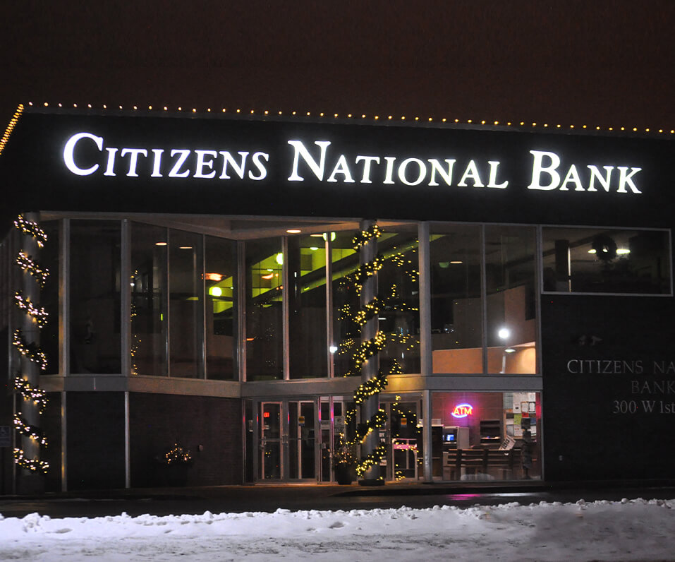 Citizens National Bank Channel Letters lit up at Night