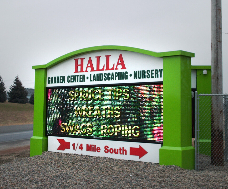 Halla Garden Center monument sign with full color digital display