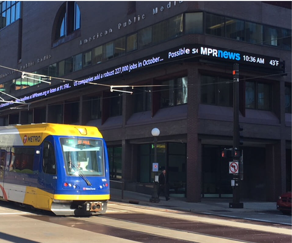 MPR Minneapolis MN digital display goin around building corner