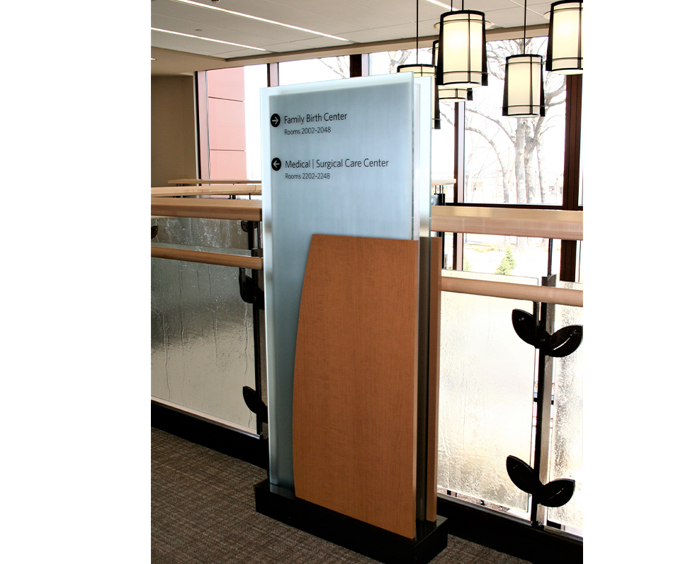 Maple Grove Hospital Interior Modern Wayfinding with Acrylic and wood accents