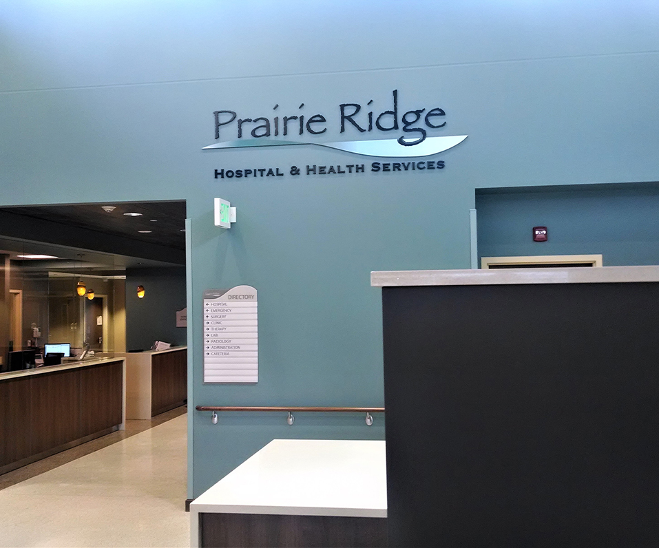 Prairie Ridge Hospital and Health Services Interior wall logo signs with Directory wayfinding