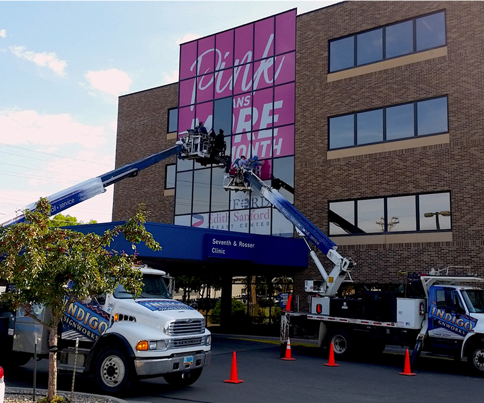 Sanford Health Bismarck ND Carport Windows decorated for Breast Cancer Awareness Month