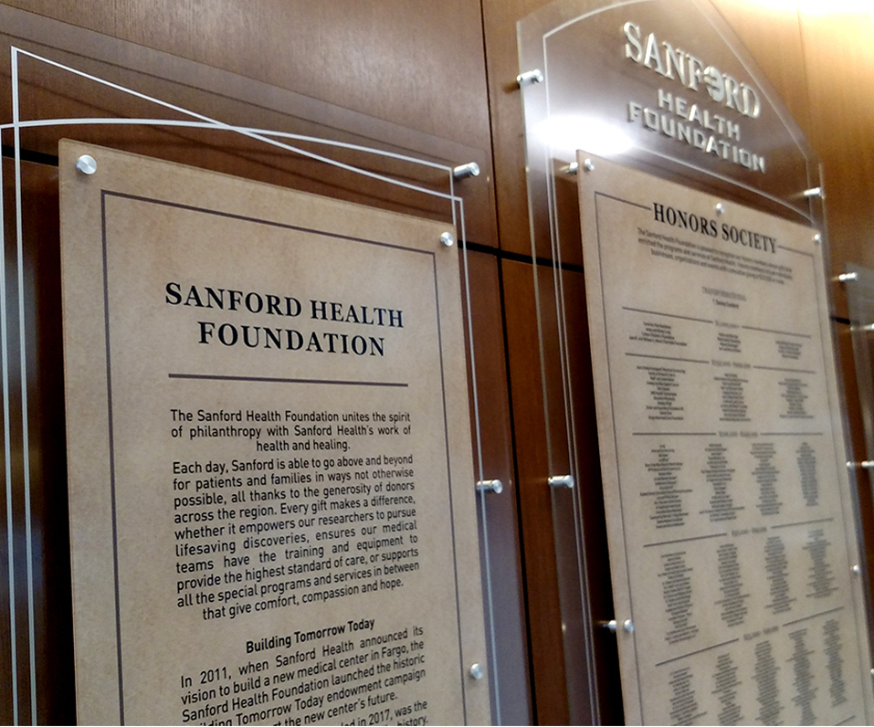 Sanford Health Foundation Interior Donor Display with printed graphics and Acrylic panels with standoffs